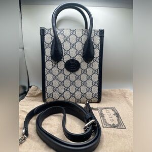 Gucci GG Supreme Monogram Mini Retro Interlocking G Tote Bag Beige Blue
